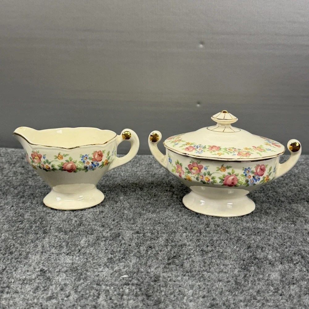 Stetson China Sugar Bowl Lid & Creamer Set  Roses Daisies Blue Flowers Scalloped